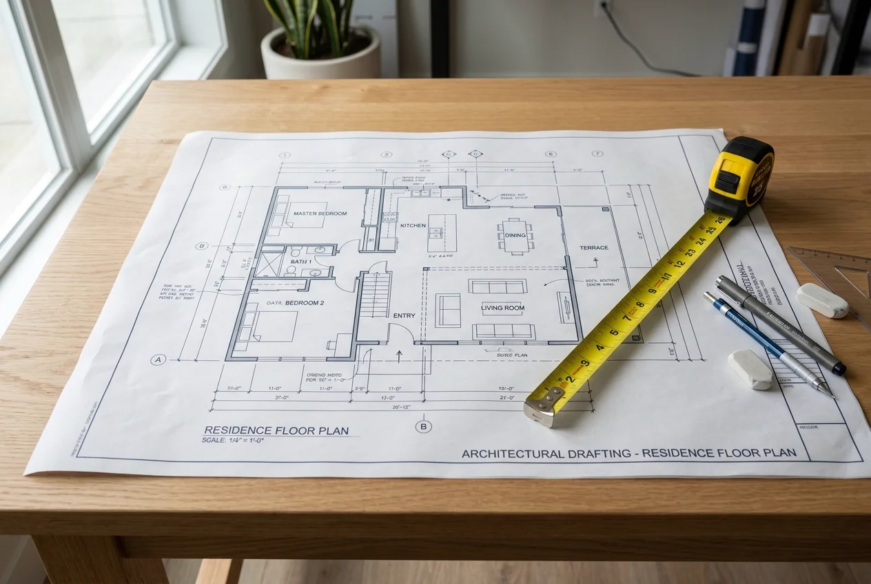 Architectural floor plan blueprint on drawing table with yellow measuring tape