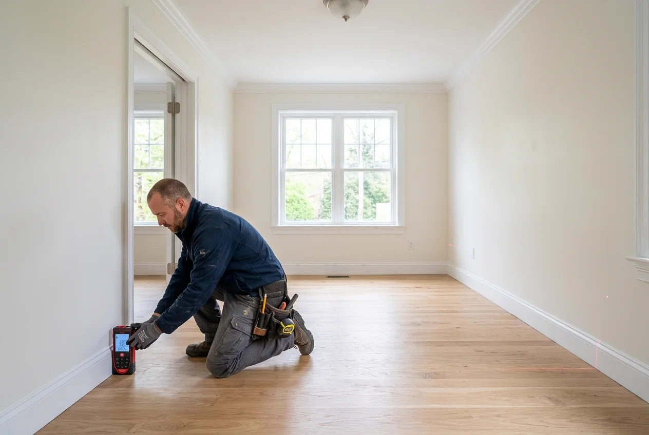 Contractor using a red laser distance measurer device on empty room floor