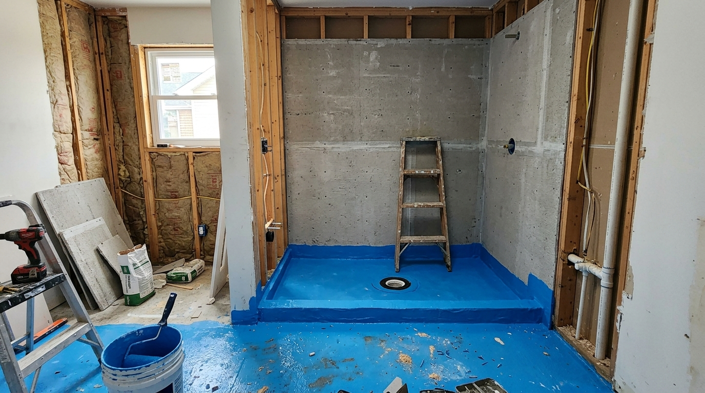 Bathroom under renovation showing cement tile backer installation and waterproof membrane application in shower area