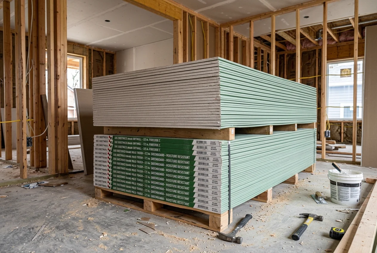 Drywall gypsum board panels stacked on wooden pallets in house framing construction site