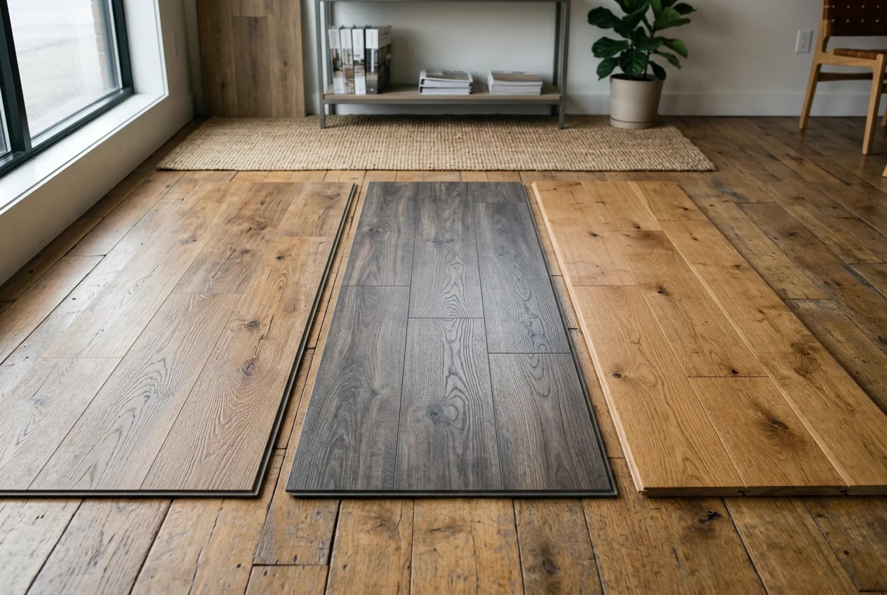 Samples of vinyl planks, laminate, and engineered wood flooring shown side-by-side