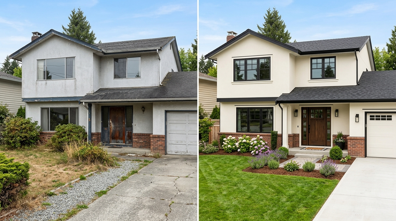 Before and after comparison of a home renovation showing increased curb appeal and value