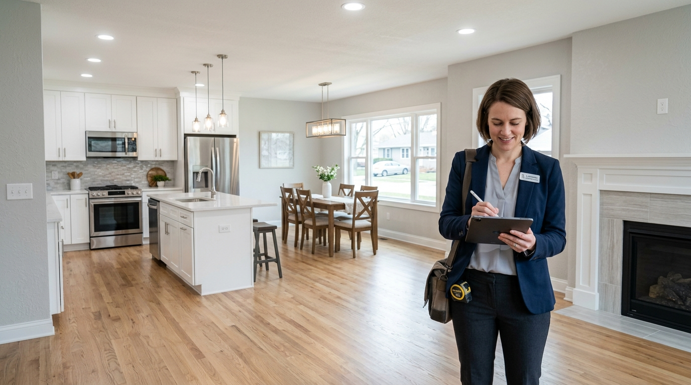Real estate appraiser reviewing home renovation documentation and comparable sales data