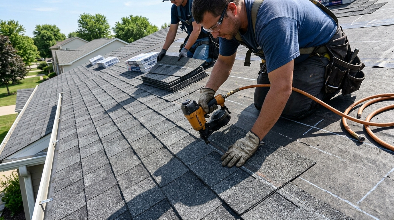Close-up of architectural asphalt shingles being installed on a residential roof