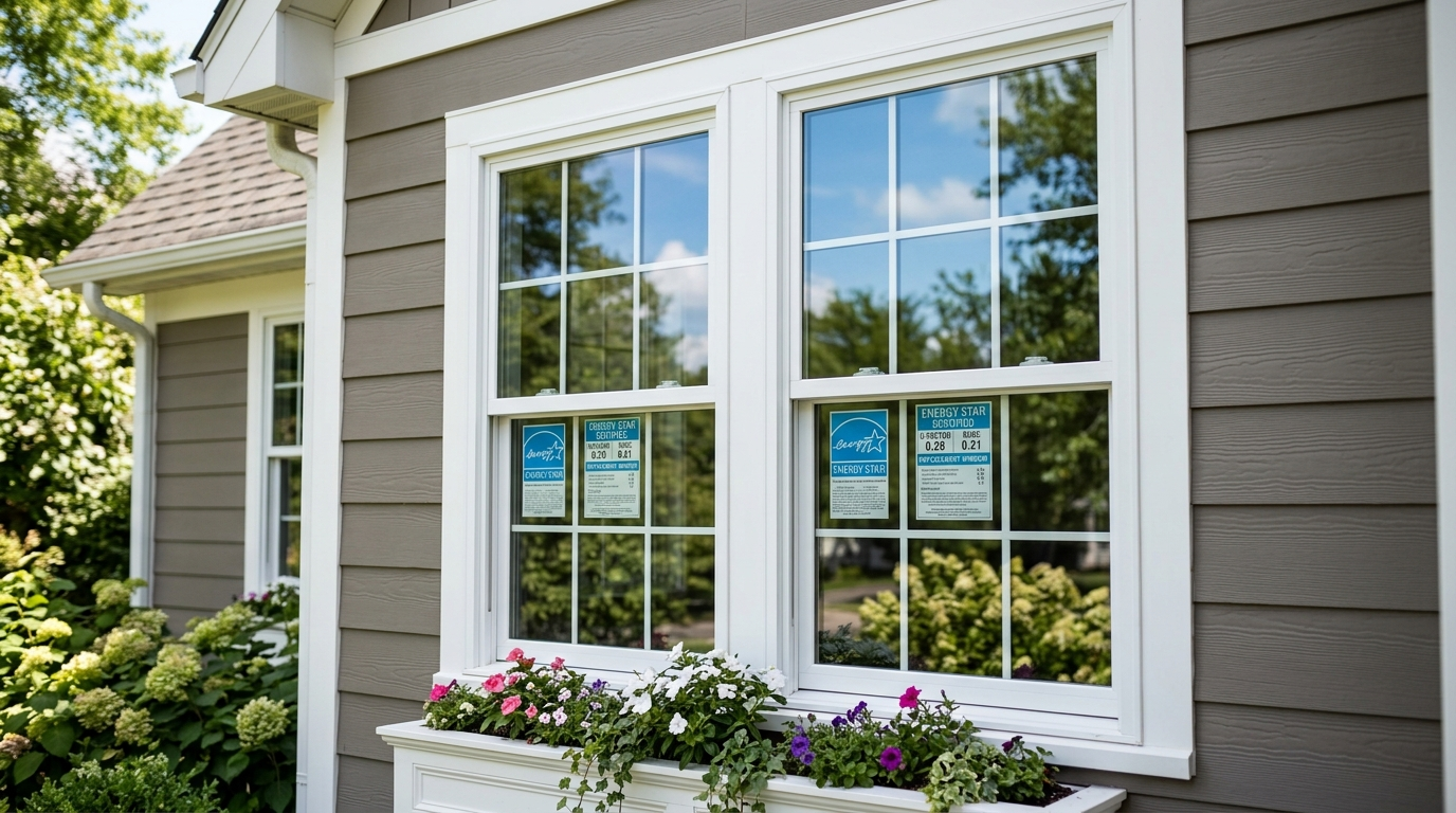 Double-hung vinyl replacement windows with ENERGY STAR certification on a residential home